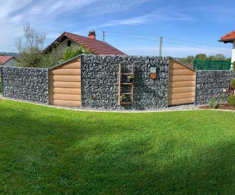 gabion fence and wood